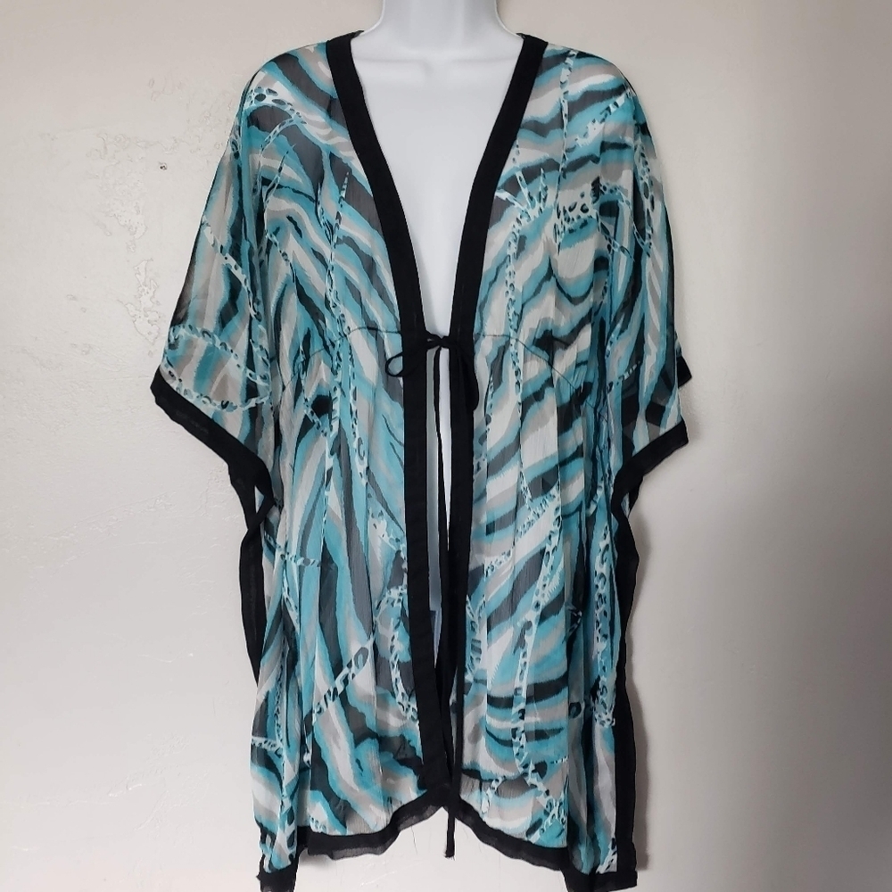 CZ Cover-Ups Women's Small Blue White Black Chiffon Swim Beach Cover Mini Dress